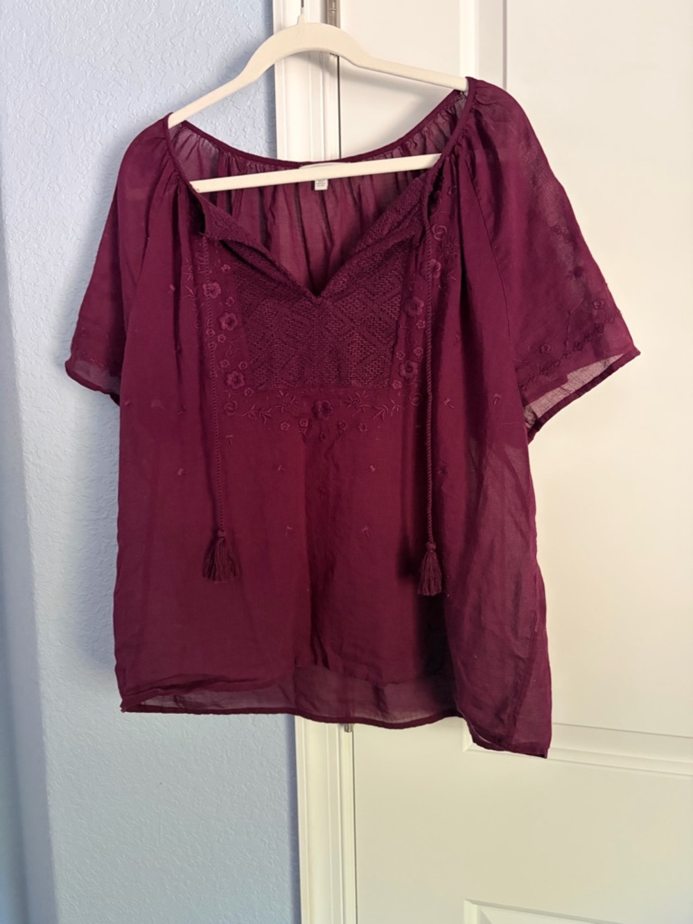 Lucky Brand Embroidered Tassel Peasant Top - Burgundy